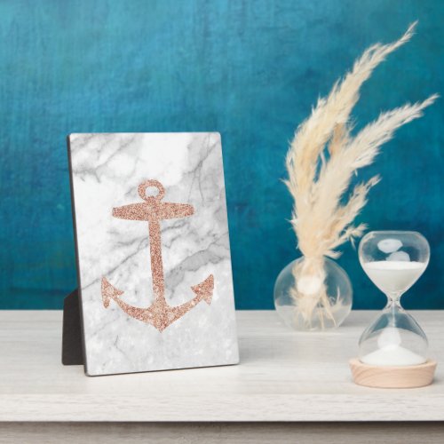 girly chic beach rose gold anchor white marble plaque