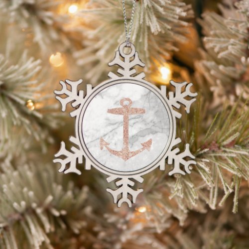 girly chic beach rose gold anchor white marble snowflake pewter christmas ornament