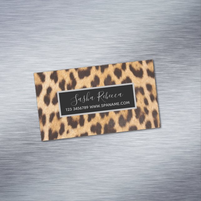 girly chic beauty hair salon stylist leopard print business card magnet (In Situ)