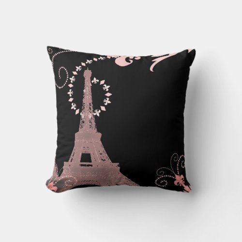 girly chic black and pink paris eiffel tower throw pillow