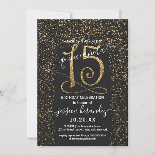 Girly Chic Black Gold Confetti Border Quinceaera Invitation