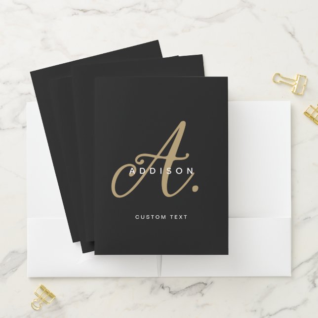 Girly Chic Black Gold Script Monogram Pocket Folder (In Situ)