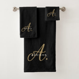 Girly Chic Black Gold Script Monogram Typography Bath Towel Set