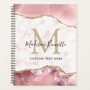 Girly Chic Blush Pink Gold Glitter Agate Monogram Planner
