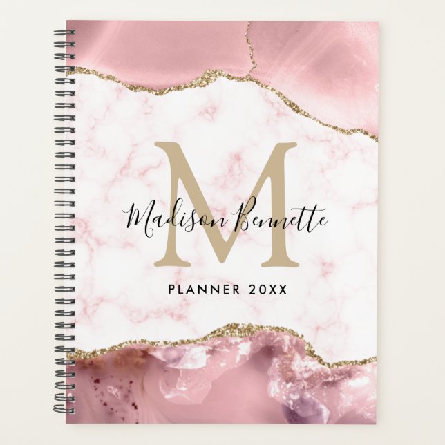 Girly Chic Blush Pink Gold Glitter Agate Monogram Planner (Front)