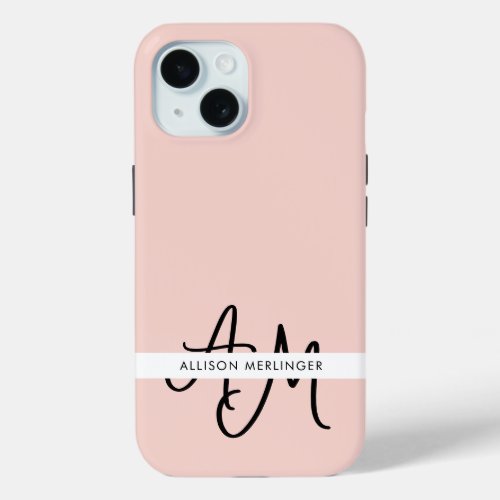 Girly Chic Blush Pink Monogram Name iPhone 15 Case