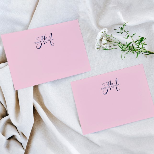 Girly Chic Blush Pink & Navy Blue Script Monogram Note Card (Creator Uploaded)