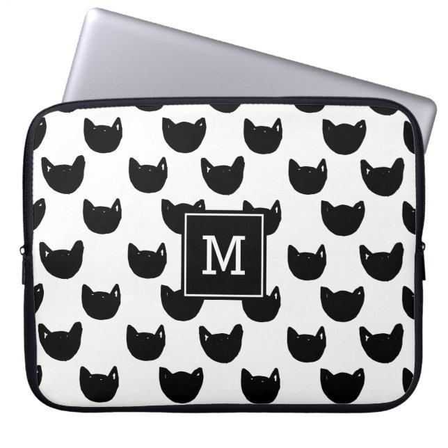 Girly chic Doodle black cat Monogram Personalized Laptop Sleeve (Front)