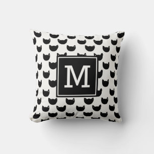 Girly chic Doodle black cat Monogram Personalized Throw Pillow