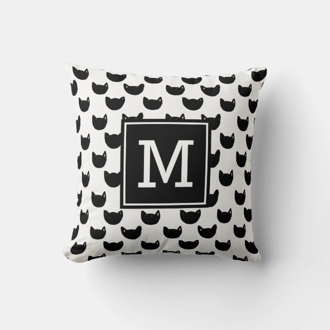 Girly chic Doodle black cat Monogram Personalized Throw Pillow (Front)