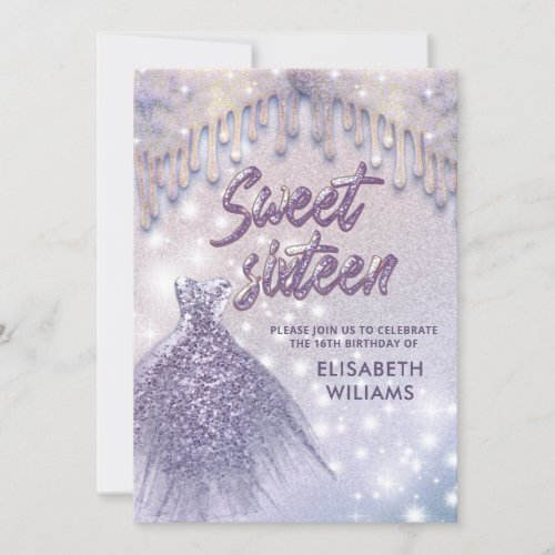 Girly chic dress drips lilac purple glittery invit invitation