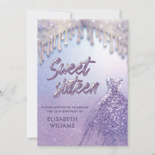 Girly chic dress drips lilac purple glittery invitation