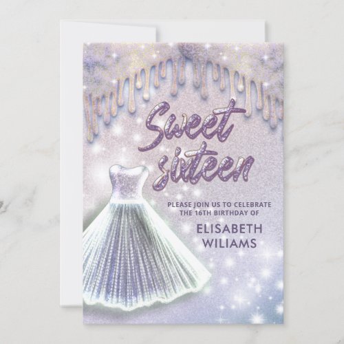 Girly chic dress drips lilac purple glittery invitation