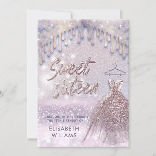 Girly chic dress drips lilac rose gold glittery invitation