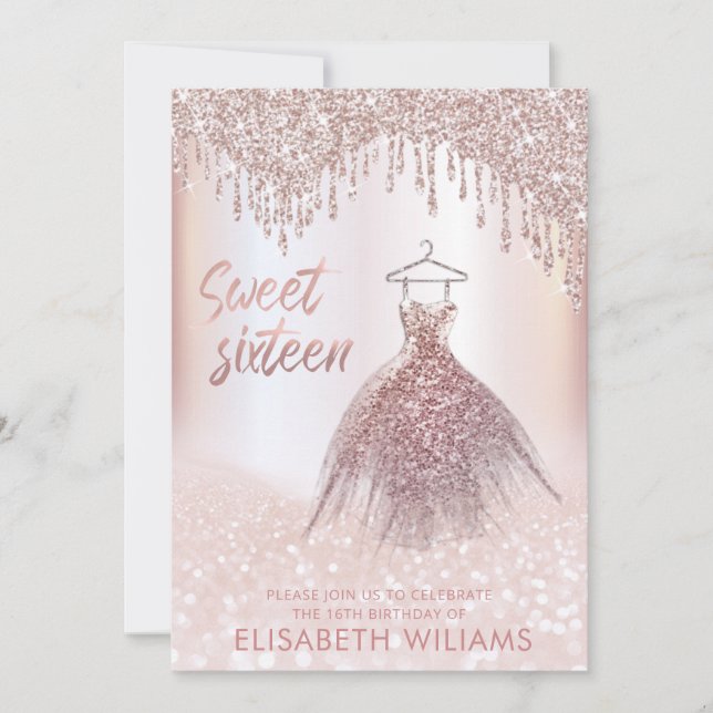 Girly chic dress  drips rose gold glittery ombre i invitation (Front)