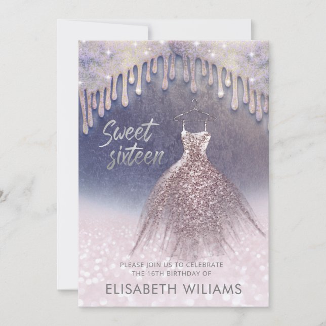 Girly chic dress drips  rose gold glittery ombre i invitation (Front)