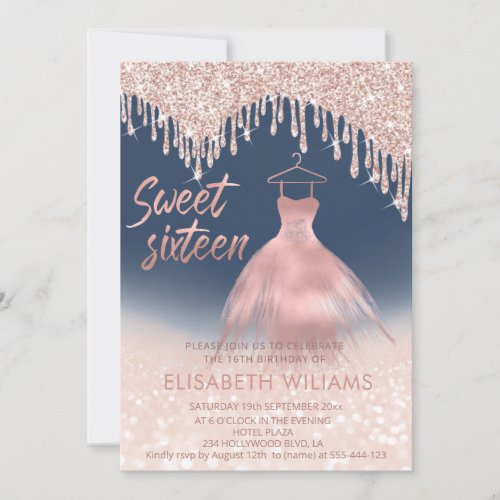 Girly chic dress  drips rose gold glittery ombre invitation