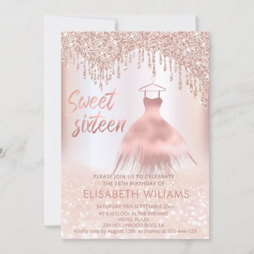 Girly chic dress  drips rose gold glittery ombre invitation