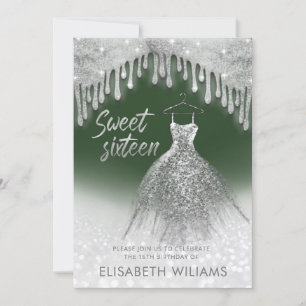 Girly chic dress drips silver glittery ombre green invitation