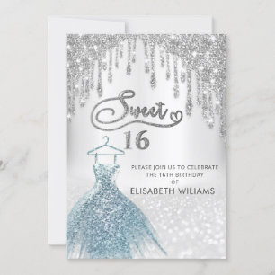 Girly chic dress drips silver glittery ombre invitation