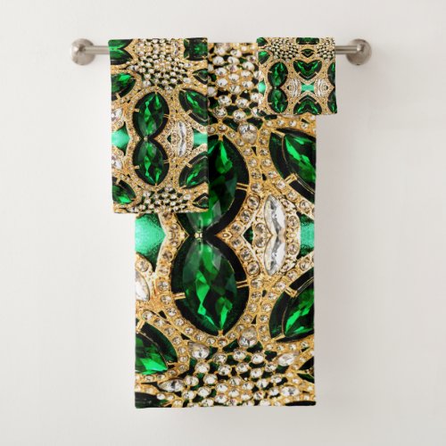 girly chic fashion art deco gold emerald green  bath towel set
