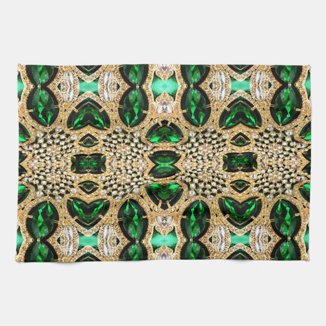 girly chic fashion art deco gold emerald green  kitchen towel (Horizontal)