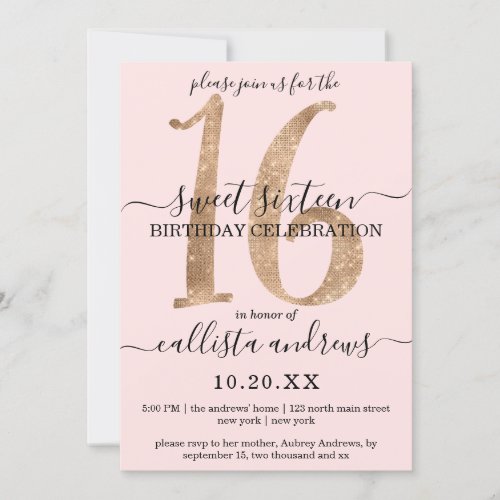 Girly Chic Faux Gold Glitter Blush Pink Sweet 16 Invitation