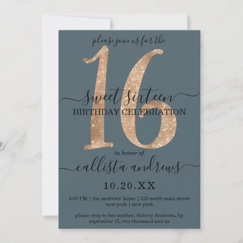 Girly Chic Faux Gold Glitter Dusty Blue Sweet 16 Invitation