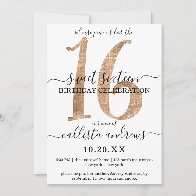 Girly Chic Faux Gold Glitter White Sweet 16 Invitation (Front)