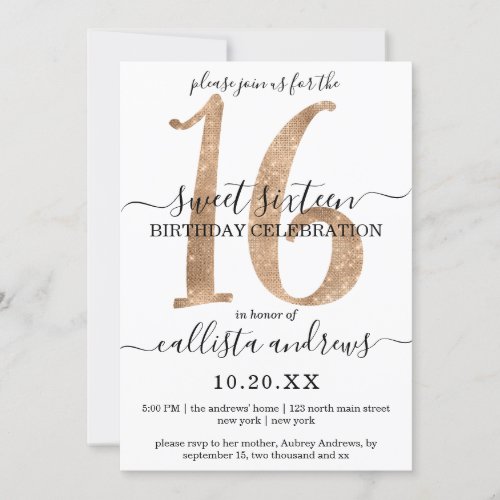 Girly Chic Faux Gold Glitter White Sweet 16 Invitation