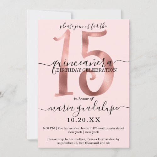 Girly Chic Faux Rose Gold Blush Pink Quinceaera Invitation