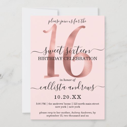 Girly Chic Faux Rose Gold Blush Pink Sweet 16 Invitation