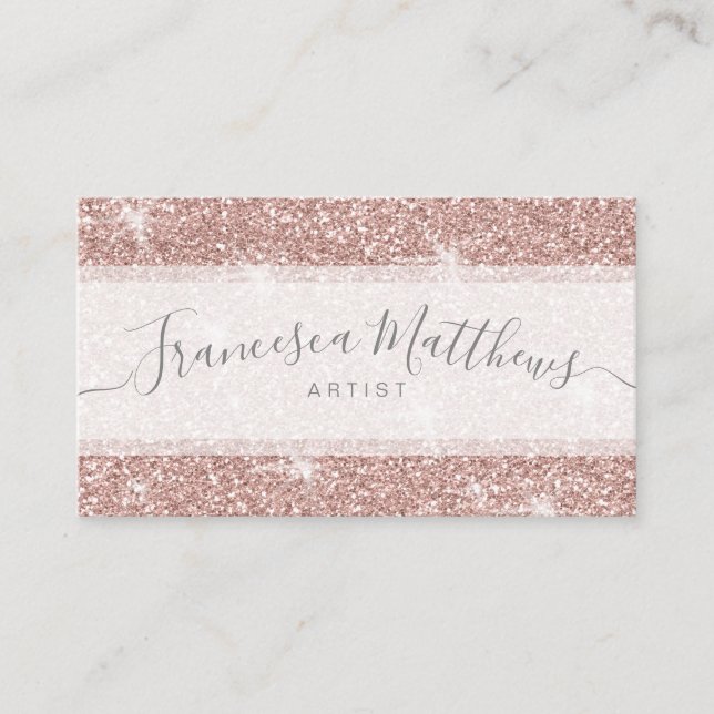 Girly Chic Faux Rose Gold Glitter Script Sparkle Business Card (Front)