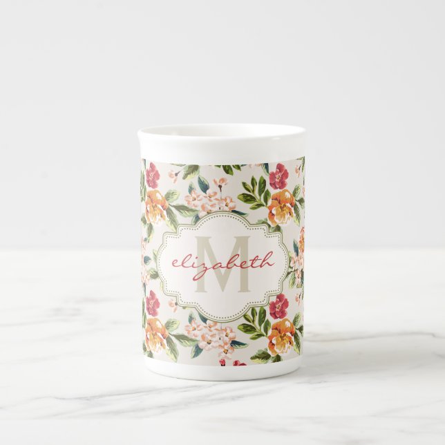 Girly Chic Floral Pattern with Monogram Name Bone China Mug (Front)