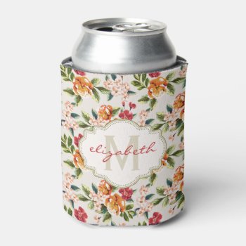 Girly Chic Floral Pattern With Monogram Name Can Cooler by ZeraDesign at Zazzle