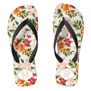 Girly Chic Floral Pattern With Monogram Name Flip Flops by ZeraDesign at Zazzle