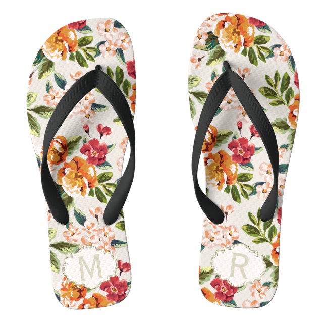 Girly Chic Floral Pattern with Monogram Name Flip Flops (Footbed)