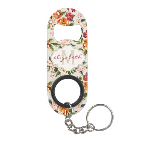 Girly Chic Floral Pattern with Monogram Name Keychain Bottle Opener