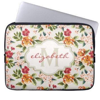Girly Chic Floral Pattern With Monogram Name Laptop Sleeve by ZeraDesign at Zazzle