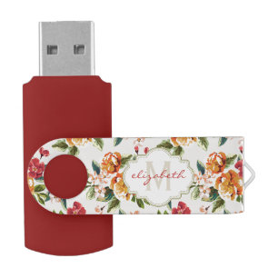 Girly Chic Floral Pattern with Monogram Name USB Flash Drive