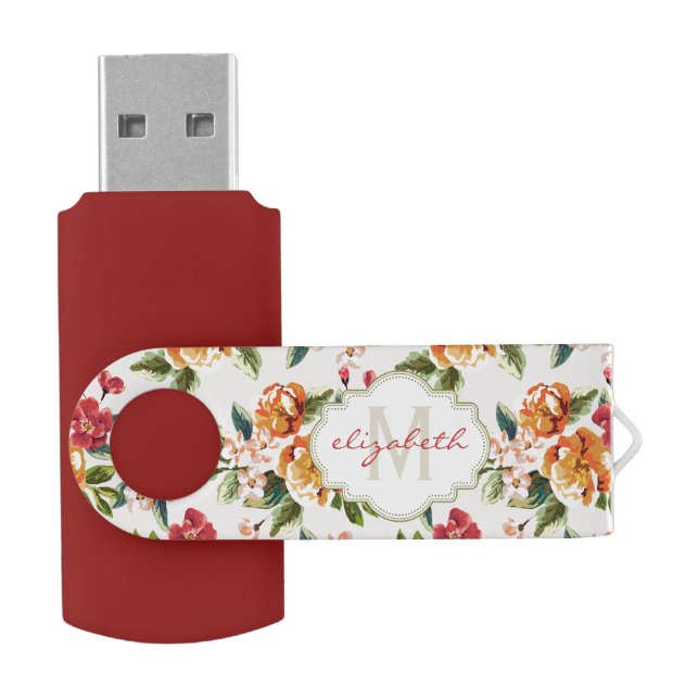 Girly Chic Floral Pattern with Monogram Name USB Flash Drive (Opened)
