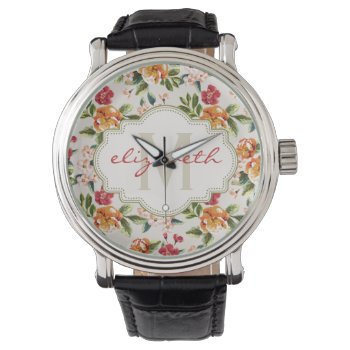 Girly Chic Floral Pattern With Monogram Name Watch by ZeraDesign at Zazzle