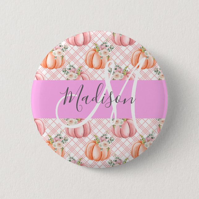 Girly Chic Floral Pink Peach Pumpkin Monogram Name Button (Front)