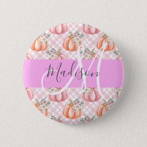 Girly Chic Floral Pink Peach Pumpkin Monogram Name Button