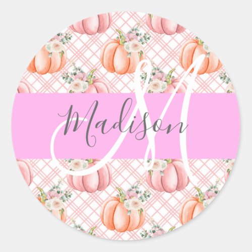 Girly Chic Floral Pink Peach Pumpkin Monogram Name Classic Round Sticker