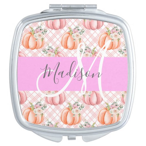 Girly Chic Floral Pink Peach Pumpkin Monogram Name Compact Mirror