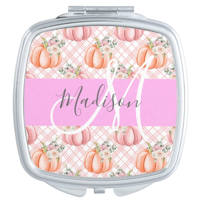 Girly Chic Floral Pink Peach Pumpkin Monogram Name Compact Mirror (Front)