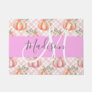 Girly Chic Floral Pink Peach Pumpkin Monogram Name Doormat