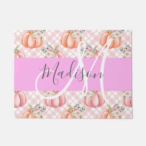 Girly Chic Floral Pink Peach Pumpkin Monogram Name Doormat