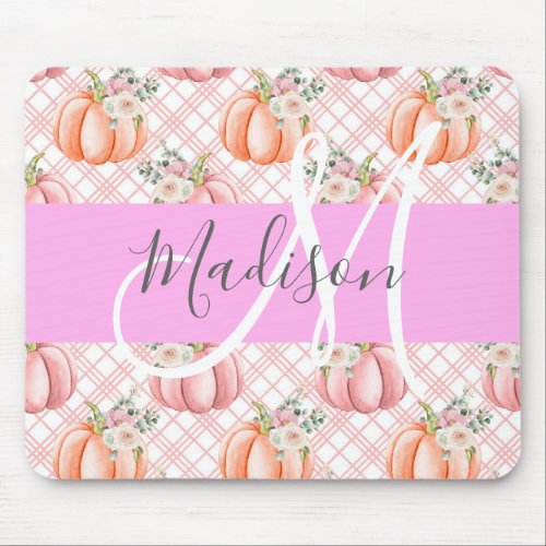 Girly Chic Floral Pink Peach Pumpkin Monogram Name Mouse Pad